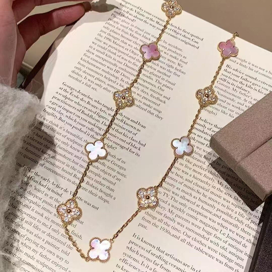 [Camiery]CLOVER 20 MOTIFS DIAMOND PINK MOP NECKLACE