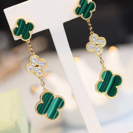 [Camiery]CLOVER EARRINGS GOLD MALACHITE DIAMOND 3 MOTIF
