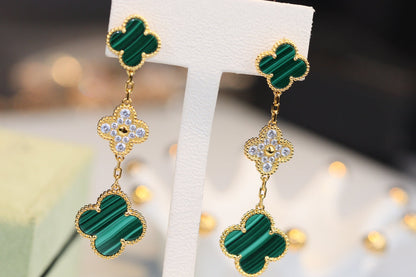 [Camiery]CLOVER EARRINGS GOLD MALACHITE DIAMOND 3 MOTIF
