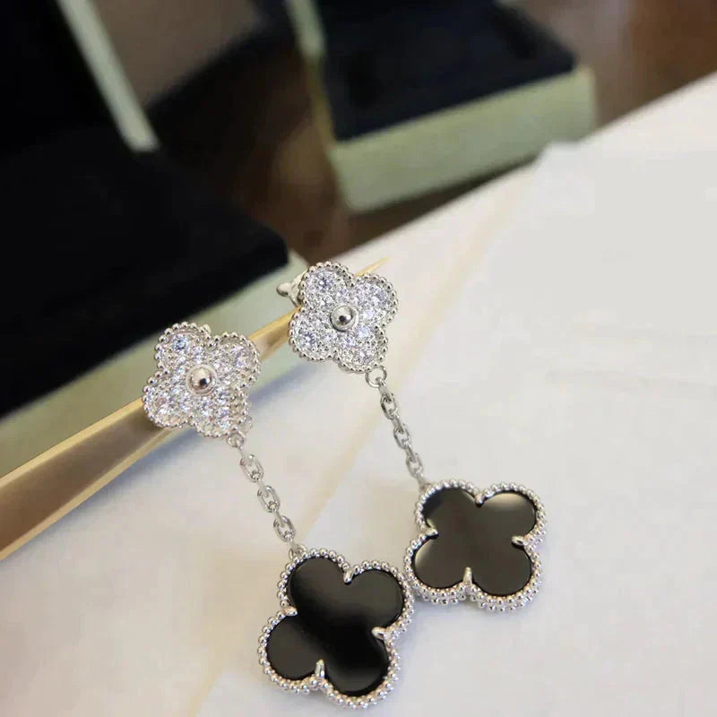[Camiery]CLOVER 2 MOTIFS  DIAMOND ONYX EARRINGS SILVER