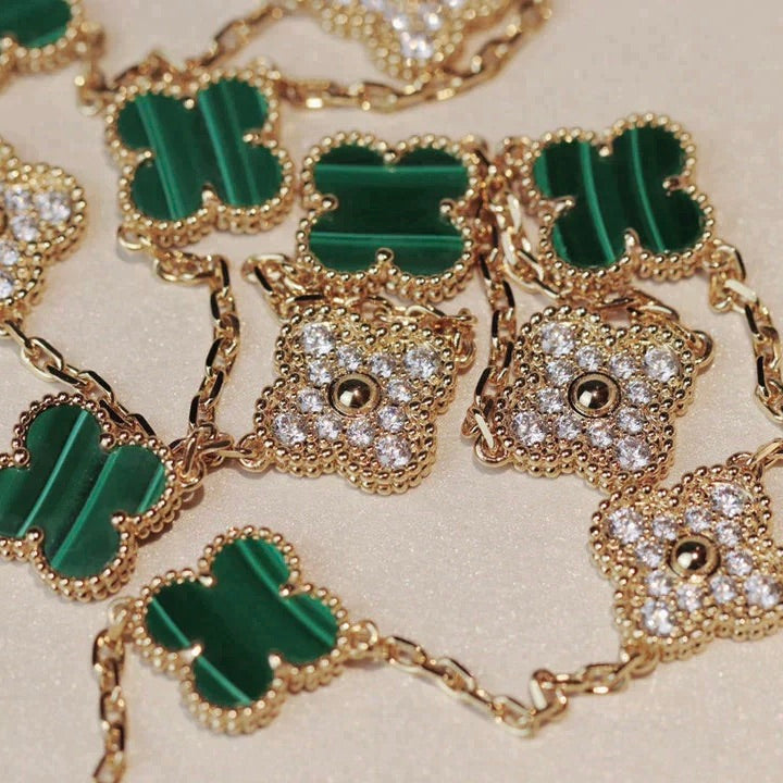[Camiery]CLOVER 20 MOTIFS MALACHITE DIAMOND NECKLACE