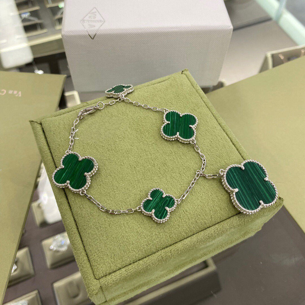 [Camiery]CLOVER 5 MOTIFS SIVLER MALACHITE BRACELET