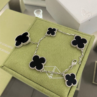 [Camiery]CLOVER 5 MOTIFS SIVLER ONYX BRACELET