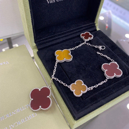 [Camiery]CLOVER 5 MOTIFS SIVLER CARNELIAN TIGER EYE BRACELET
