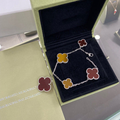 [Camiery]CLOVER 5 MOTIFS SIVLER CARNELIAN TIGER EYE BRACELET