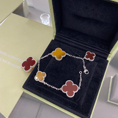 [Camiery]CLOVER 5 MOTIFS SIVLER CARNELIAN TIGER EYE BRACELET