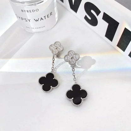 [Camiery]CLOVER 2 MOTIFS  DIAMOND ONYX EARRINGS SILVER
