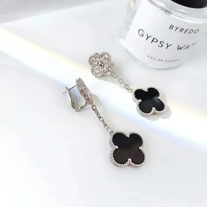 [Camiery]CLOVER 2 MOTIFS  DIAMOND ONYX EARRINGS SILVER