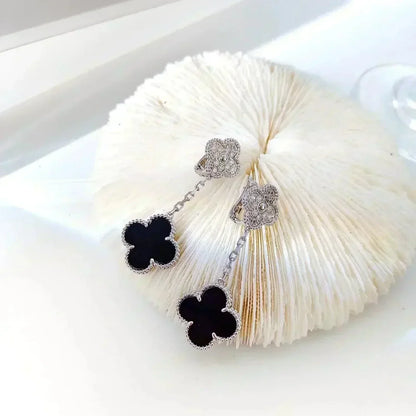 [Camiery]CLOVER 2 MOTIFS  DIAMOND ONYX EARRINGS SILVER