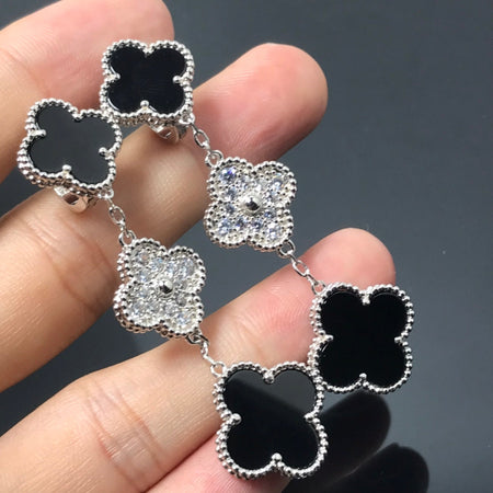 [Camiery]CLOVER 3 MOTIF DIAMOND ONYX SILVER EARRINGS