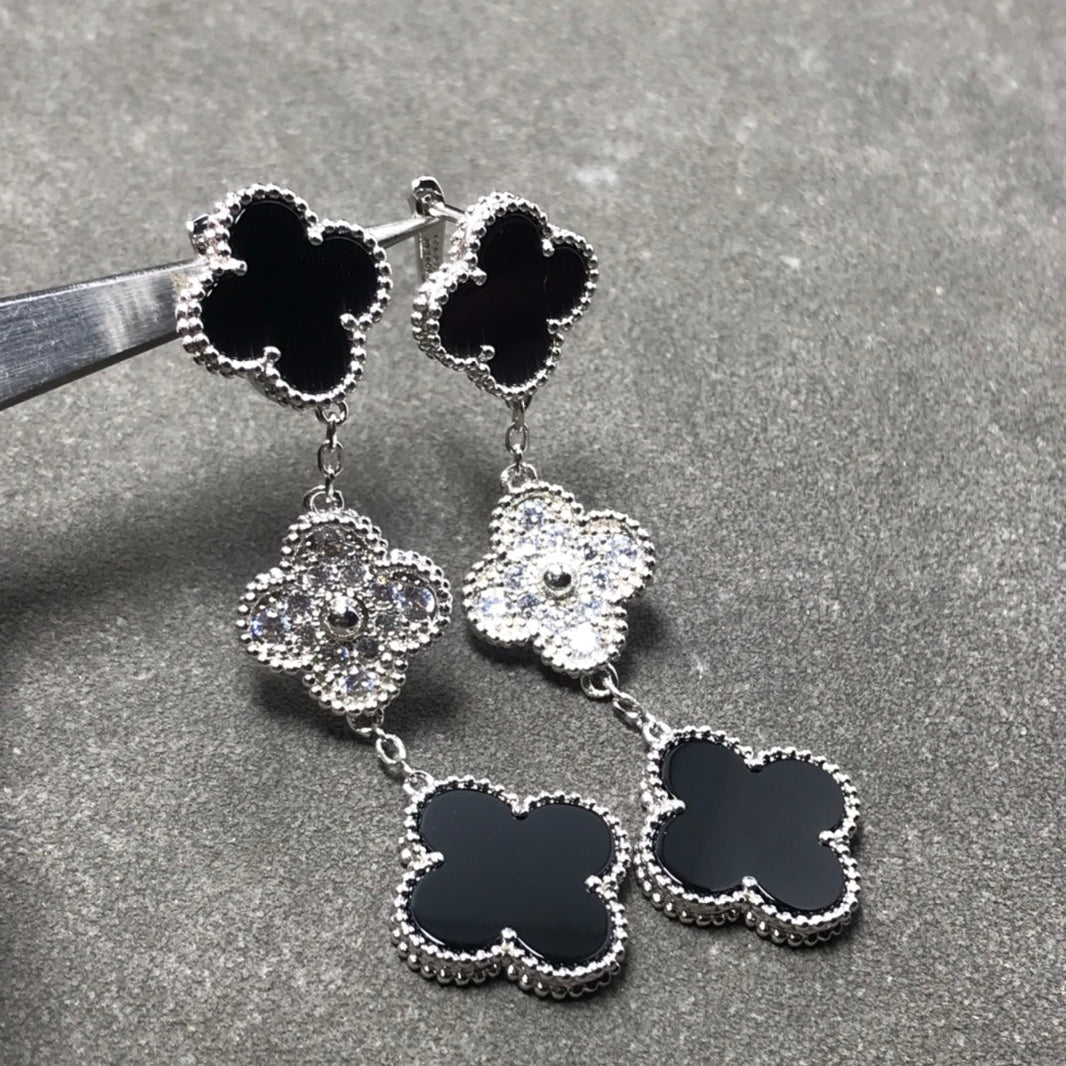 [Camiery]CLOVER 3 MOTIF DIAMOND ONYX SILVER EARRINGS
