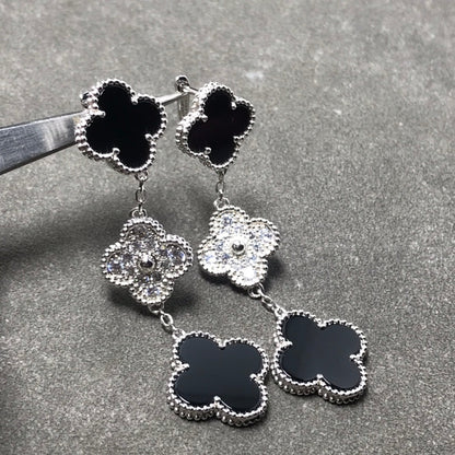 [Camiery]CLOVER 3 MOTIF DIAMOND ONYX SILVER EARRINGS