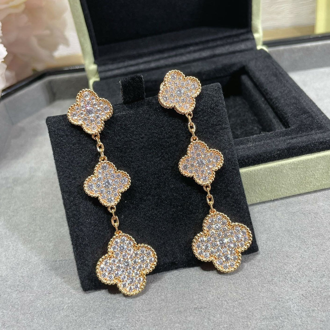 [Camiery]CLOVER 3 MOTIFS DIAMOND PAVED ROSE GOLD EARRINGS