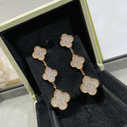 [Camiery]CLOVER 3 MOTIFS DIAMOND PAVED ROSE GOLD EARRINGS