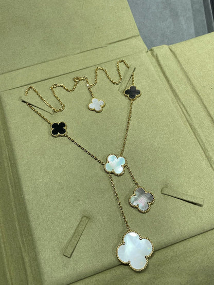[Camiery]CLOVER 6 MOTIF MOP ONYX GOLD NECKLACE