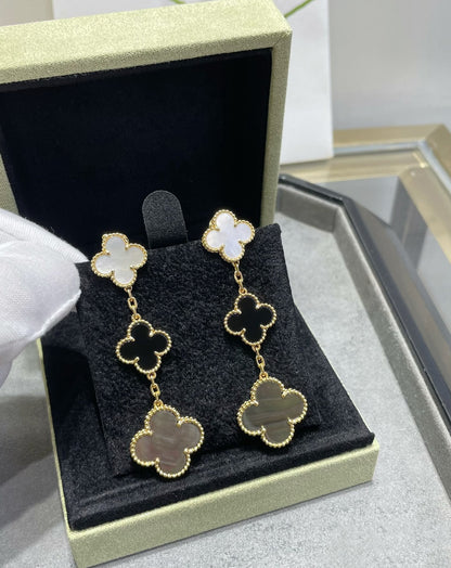 [Camiery]CLOVER 3 MOTIF MOP ONYX DARK MOP PINK GOLD EARRINGS