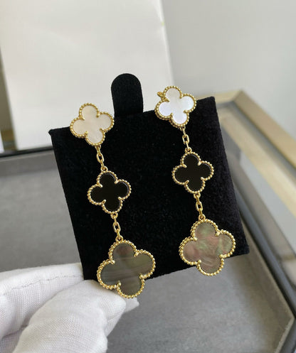 [Camiery]CLOVER 3 MOTIF MOP ONYX DARK MOP PINK GOLD EARRINGS