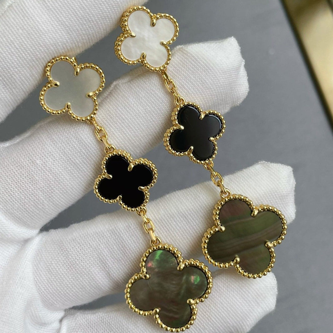 [Camiery]CLOVER 3 MOTIF MOP ONYX DARK MOP PINK GOLD EARRINGS