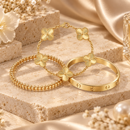 [Camiery] CLASH & Clover Laser 5-Motif & LOVE Brushed Bracelet Stack Set