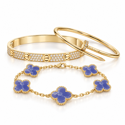 [Camiery] LOVE & JUSTE & Blue Veins Clover 5-Motif Diamond Bracelet Stack Set