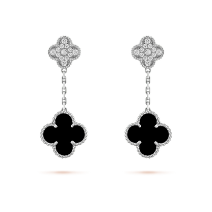 [Camiery]CLOVER 2 MOTIFS  DIAMOND ONYX EARRINGS SILVER