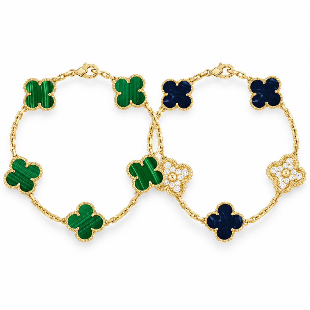 [Camiery]Clover 5-Motif Malachite & Pietersite Bracelet Stack Set