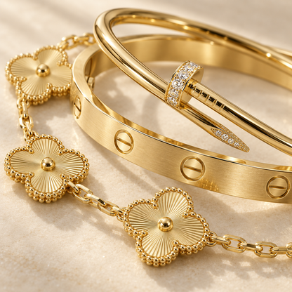 [Camiery] Clover & Love & Juste 3-Piece Gold Bracelet Stack Set