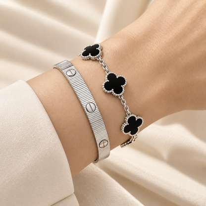[Camiery]Clover & Love Sliver 2-Piece Bracelet Stack Set