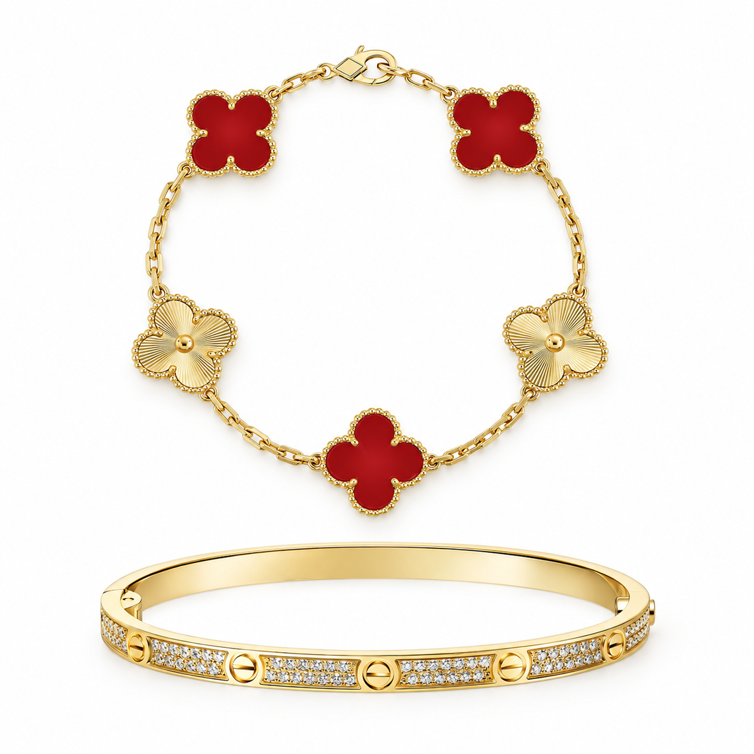 [Camiery]Clover & Love Diamond-Paved Radiant Line 2-Piece Bracelet Stack Set