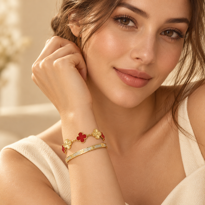 [Camiery]Clover & Love Diamond-Paved Radiant Line 2-Piece Bracelet Stack Set