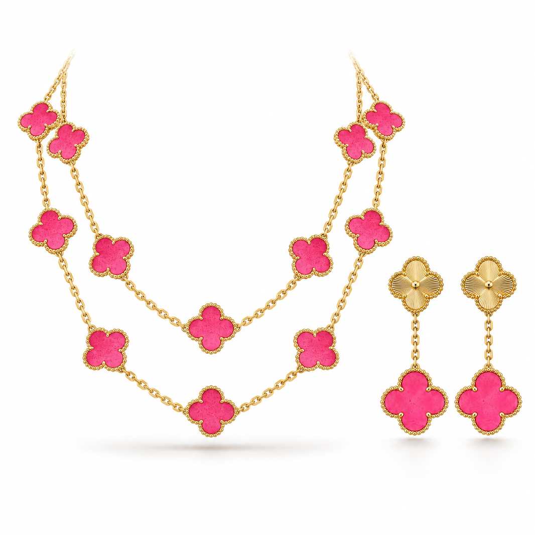 [Camiery]Clover Pink Enamel Necklace & Earring Jewelry Set