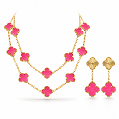 [Camiery]Clover Pink Enamel Necklace & Earring Jewelry Set