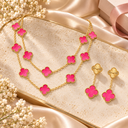[Camiery]Clover Pink Enamel Necklace & Earring Jewelry Set