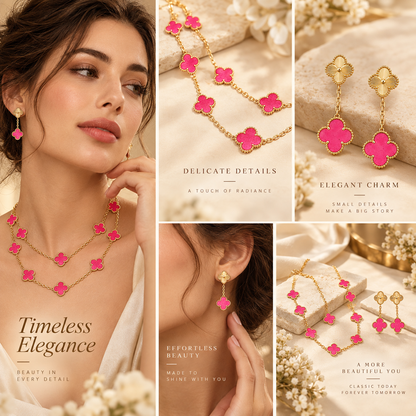 [Camiery]Clover Pink Enamel Necklace & Earring Jewelry Set