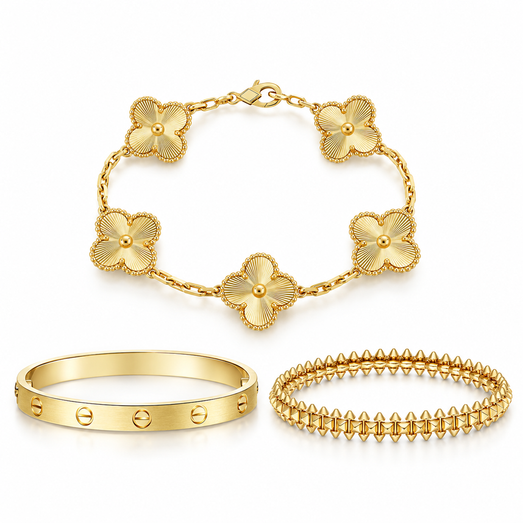 [Camiery] CLASH & Clover Laser 5-Motif & LOVE Brushed Bracelet Stack Set