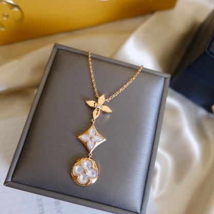 [Camiery]COLOR BLOSSOM LARIAT NECKLACE PINK GOLD WHITE MOTHER PEARL AND DIAMOND