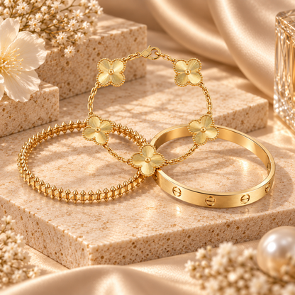 [Camiery] CLASH & Clover Laser 5-Motif & LOVE Brushed Bracelet Stack Set